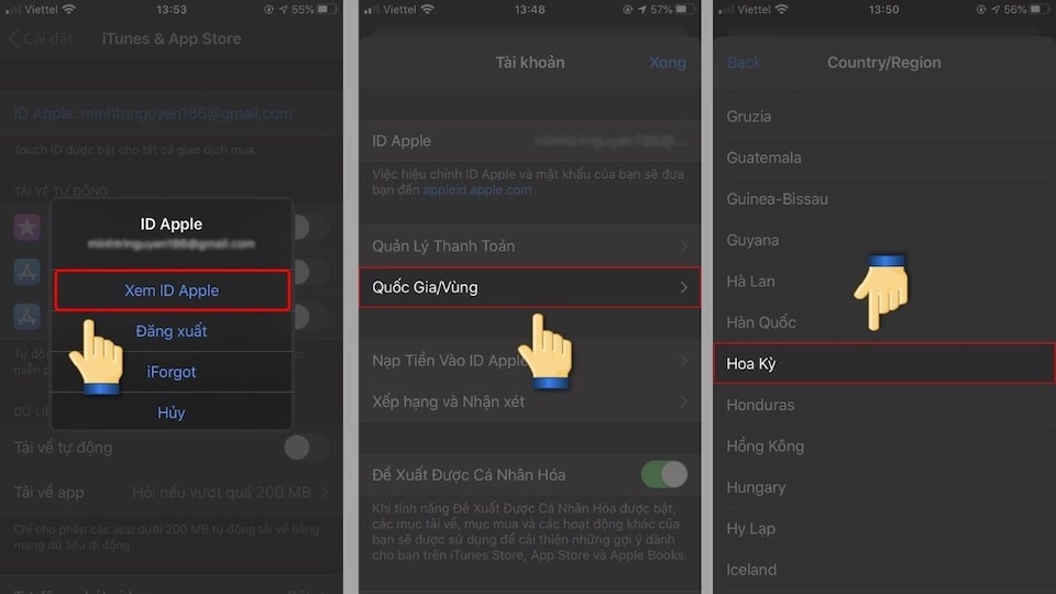 Bước 2: Xem ID Apple => Quốc gia/Vùng => tìm và lựa chọn khu vực bạn muốn. 